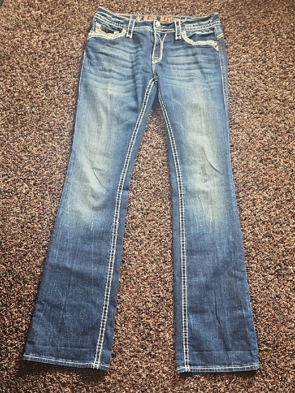 Rock Revival Medium Blue Boot Cut Jeans with Contrast Stitching